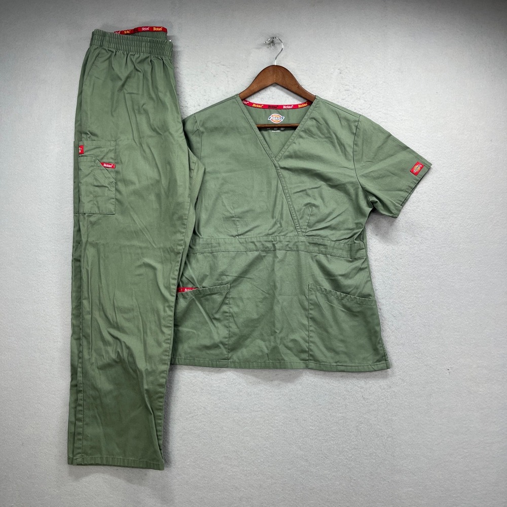 Dickies Scrub Set Womens M/L Olive Green V-Neck Cargo Pants Medical Uniform